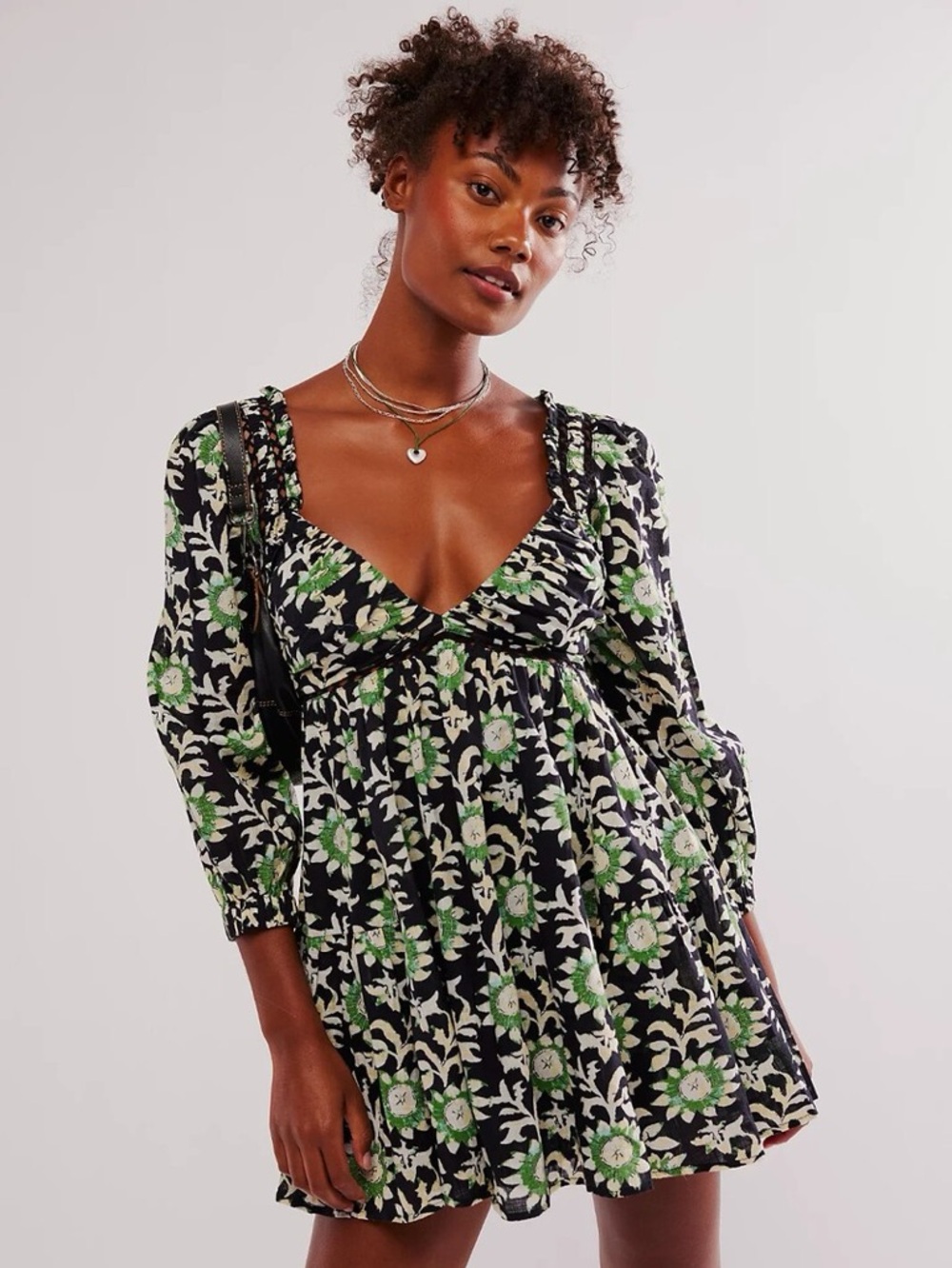 Free People Black Mini Dress with Green & White Floral Print